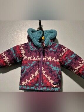 Patagonia Poly Reversible Fleece Hooded Coat Wolf Deer Bear Print Purple